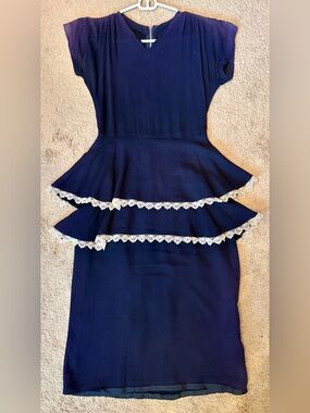 Vintage 1940s Navy Blue & White Crochet Lace Peplum Dress XS, Faded Rose
